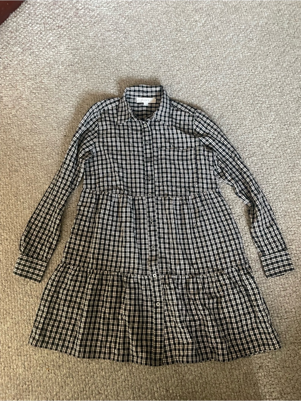LOFT Black and White Plaid Button-Front Mini Dress